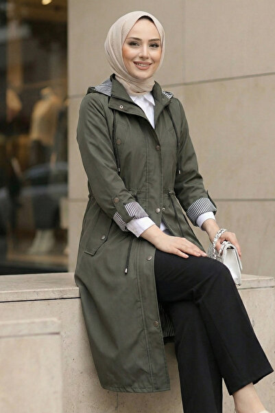 Kirazgym Women's Striped Lined Trench Coat - Khaki