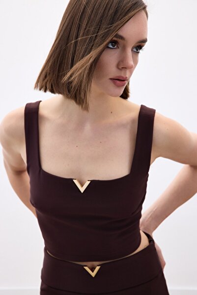 Sateen Bluză Guler Accesorii Aur - Maro