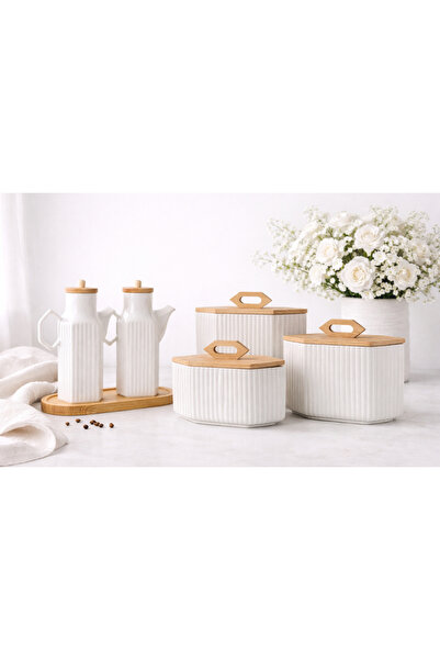 Pembelia Life 6 Parça Bambu Standlı 2’li 1000 ml Yağdanlık Ve 3’lü Porselen Ç...