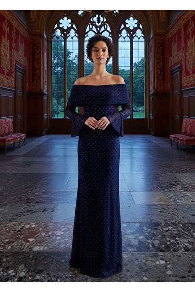 DVNA فستان "ليلة النجوم" المخملي مرن لون كحلي