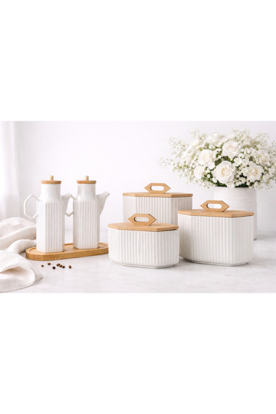 Kitchen Pembelia 6 Parça Bambu Standlı 2’li 1000 ml Yağdanlık Ve 3’lü Porsele...