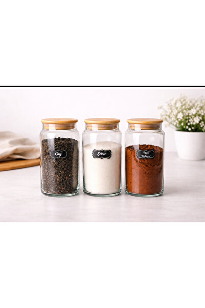 Kitchen Pembelia 3’lü 1300cc Bambu Kapaklı Cam Çay Şeker Türk Kahve Kavanoz S...