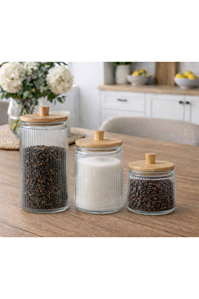 Kitchen Pembelia 3’lü Bambu Vakum Kapaklı Cam Çay Şeker Kahve Tuz Bakliyat Sa...