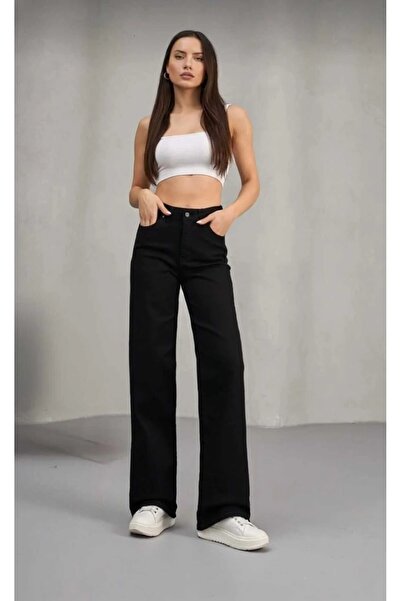 TRENDNATUREL Davis Black Lycra Super Extra High Waist Palazzo Loose Jean Trou...