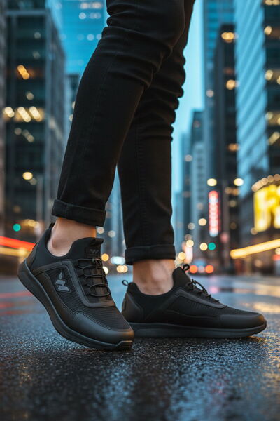 WALKWAY Μαύρη κλειδαριά με κορδόνια ελαφριά εύκαμπτα ανδρικά αθλητικά παπούτσ...