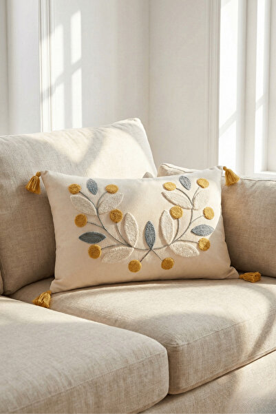 Destiva Home غطاء وسادة مطرز من القطن المزخرف بالزهور والشراشيب الصفراء من بو...