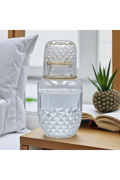 HUBART Şeffaf Cam Başucu Sürahisi ve Bardak Seti 525 ml – Gold Detaylı Şık Ta...