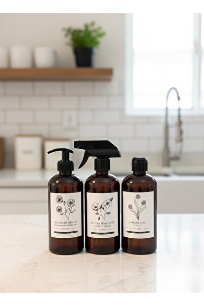 Dem Home Amber Cam Görünümlü Plastik 3’lü Şişe Seti Çamaşır Suyu-bulaşık Dete...