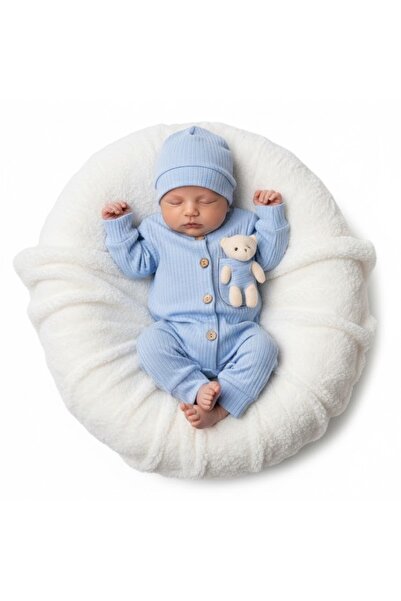Serackids Unisex Peluş Ayıcıklı Bebek Tulumu Ve Şapka Seti