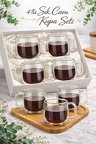 Berdina Home 4'lü Çift Camlı Çift Cidarlı Cam Kupa 350 ml Ev Ofis Fincanı Çif...