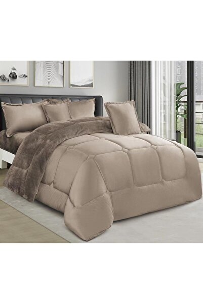 Moon طقم مفرش نفرين شتوي 6 قطع حشوة وسط مخمل ناعم مع فرو سادة ذو وجهين خامة م...