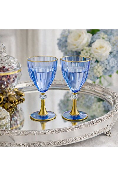 HUBART Aurelia Gold Ayaklı Mavi Cam Bardak Seti 6’lı – Şık Sunum & Lüks Sofra