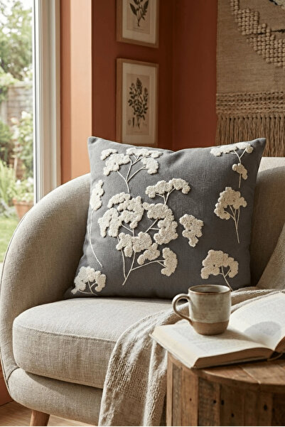 Destiva Home غطاء وسادة من بولدان بنمط ساكورا مطرز بمظهر الكتان مقاس 43×43 سم