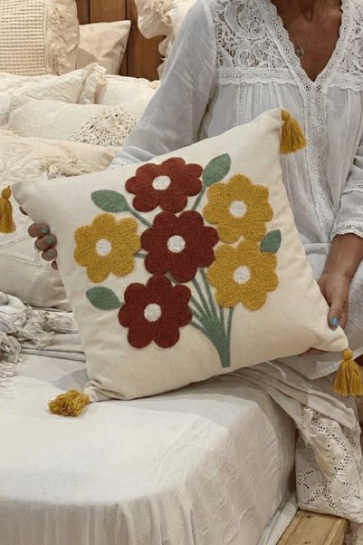 Destiva Home Colorful Flower Bouquet Punch Embroidered Decorative Tufted Throw Pillow Cover Cotton 42X42 cm