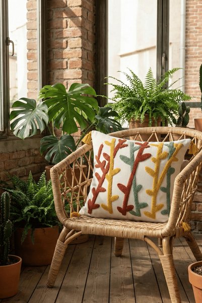 Destiva Home Colorful Branch Punch Embroidered Decorative Tasseled Throw Pillow Cover Cotton 42 X 42 cm