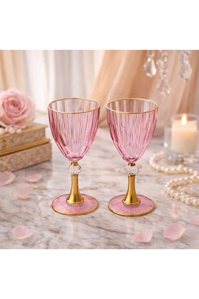 HUBART Aurelia 2’li Set Gold Ayaklı Pembe Cam Kahve Yanı Su Bardağı Şık Sunum...