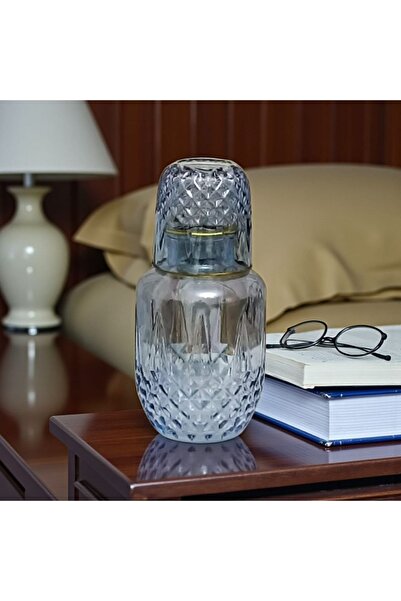 HUBART Mavi Cam Başucu Sürahisi ve Bardak Seti 525 ml – Gold Detaylı Şık Tasarım