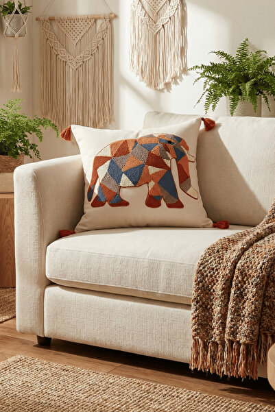 Destiva Home Husă de pernă decorativă cu ciucuri, brodată cu elefant etnic co...