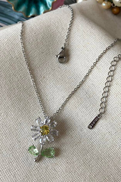 MAVEGA Papatya Kolye | Kararmaz Çelik, Zirkon Taş, Gümüş Renk, 45 Cm