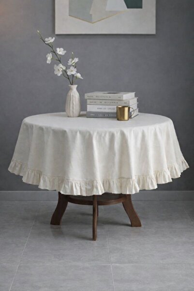 Soft Kare Linen Textured Ruffled Round Tablecloth – Natural and Stylish Desig...