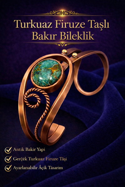 İyyaKee Kadın Bakır Bileklik Doğal Turkuaz Firuze Taşlı Otantik Model Bilezik...