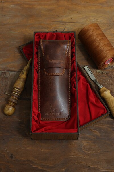 AKRONİUM LEATHER Hakiki Crazy Deri 4'lü Kızıl Taba El Yapımı Kalemlik