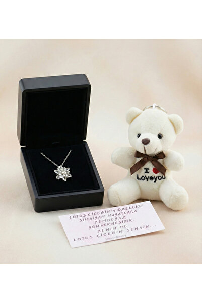 Silvano Jewelry 925 Ayar Gümüş Işıklı Kutuda Beyaz Lotus Çiçeği Kolye Peluş A...