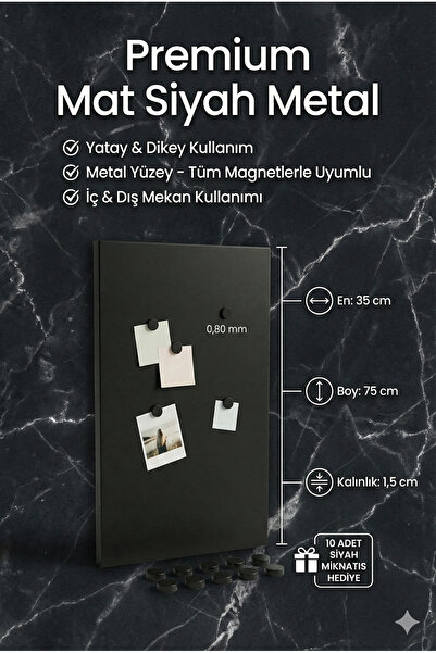 RİVO HOME DECOR 35 x 75 Cm Siyah Dekoratif Metal Mıknatıslı Pano Magnet Panos...