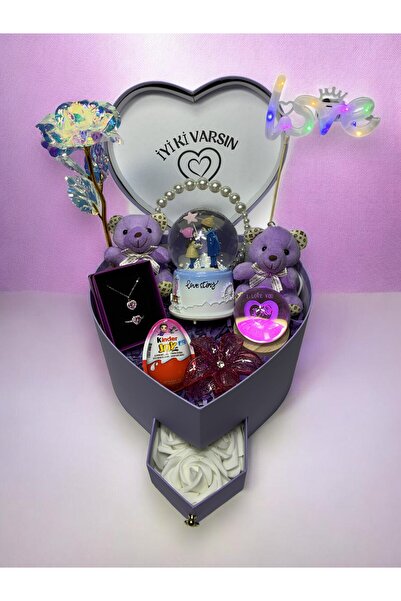 miraybutikhediyelikesya Mor Kalpli Hediye Kutusu Kolye, Mum, Sonsuzluk Gülü, ...