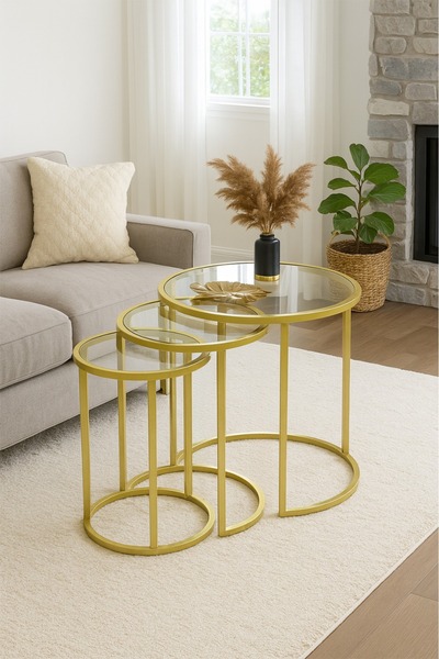 DEKOPRATİK Alya Gold Zigon Sehpa Üçlü Dekoratif Yan Sehpa Şeffaf Cam