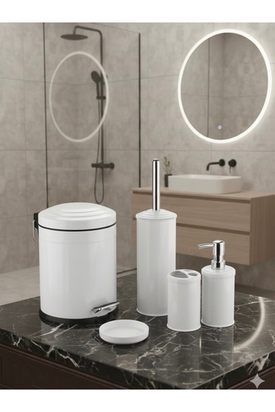 indirimdesiniz 5 Parça Beyaz Banyo Seti - Çöp Kovalı ve Fırçalı Lüks Banyo Ak...