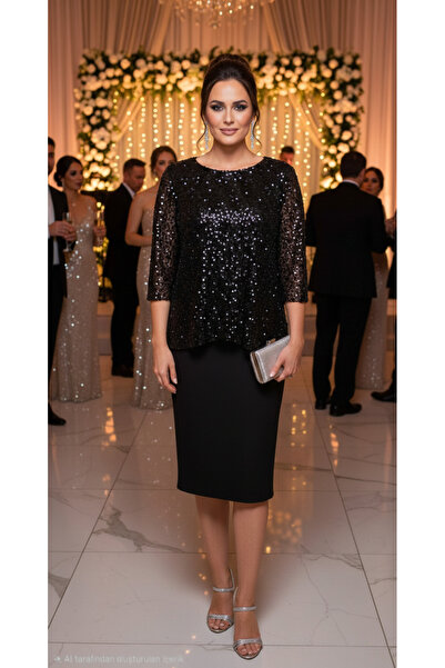 Has Kadın büyük beden kısa kollu abiye elbise