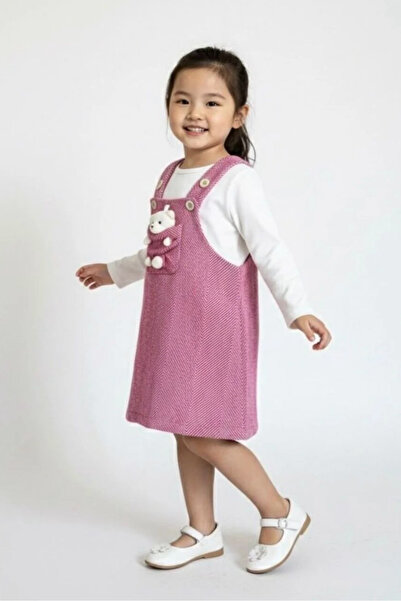 morbella Ayıcıklı Çizgili Kız Çocuk Salopet Elbise / Kışlık Örgü Görünümlü As...