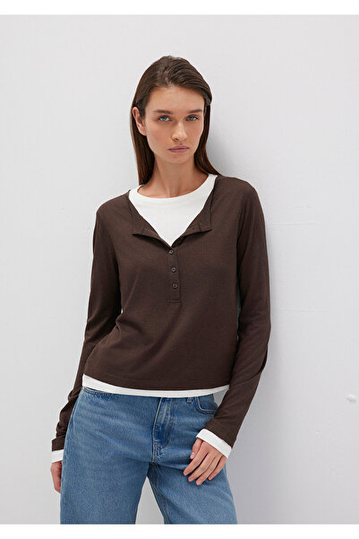 Mavi Wool Blended Double-Layered Brown Long Sleeve T-Shirt Semi Slim Fit / Se...