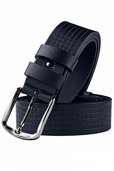 DeepSEA Curea pentru bărbați, albastru marin, cu model pătrat, din piele natu...