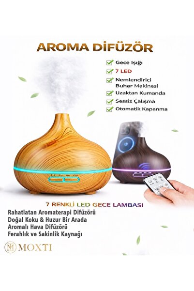 Moxti Aroma Difüzör Gece Işığı 7 Led Nemlendirici Buhar Makinesi