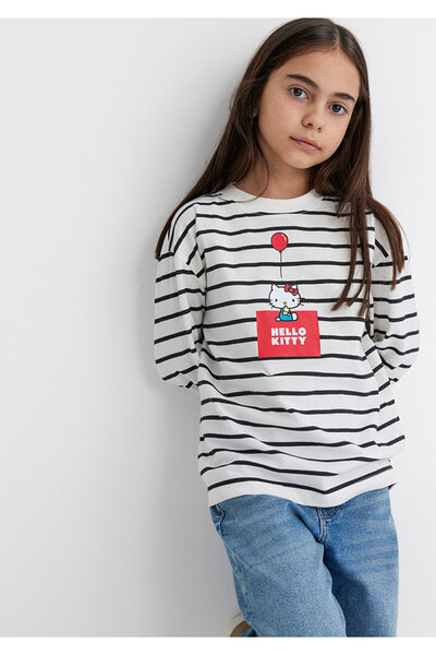 Mavi Hello Kitty Baskılı Siyah Çizgili Tişört Loose Fit / Bol Rahat Kesim 761...