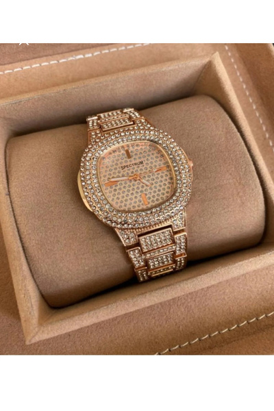 Spectrum Kadın Gold Rose Taşlı Parlak Kuvars Kol Saati Rose Gold Taşlı  Saat