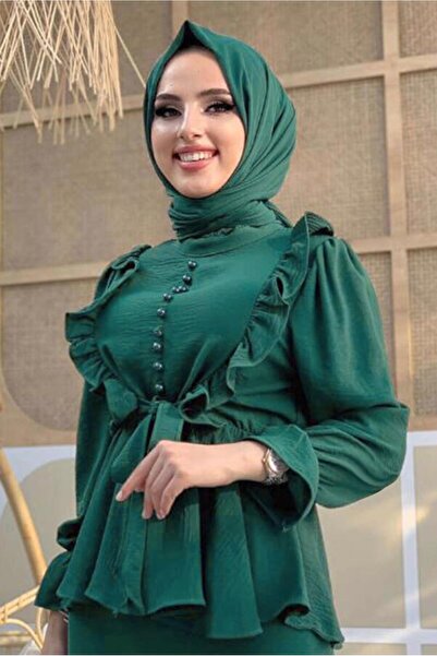 TRENDTESETTÜR KADIN YEŞİL (ZÜMRÜT) FIRFIRLI ETEKLİ TAKIM 6328