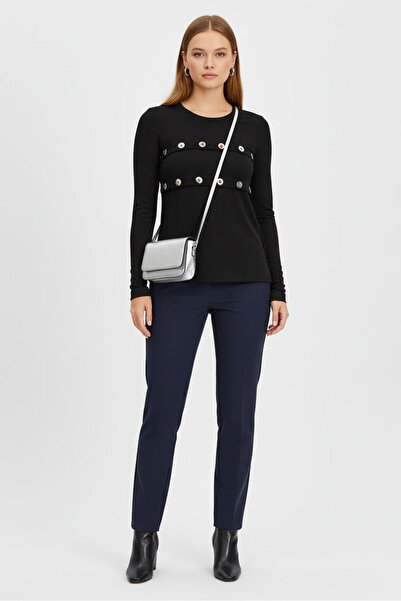 Diesel بلوزة نسائية برقبة دائرية وأكمام طويلة، لون أسود