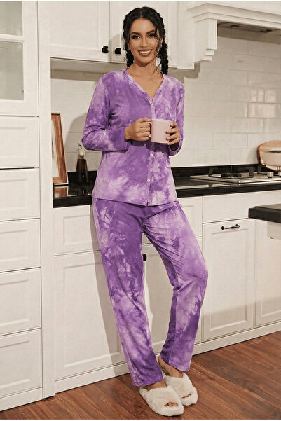 ESPİNA Women's Tie-Dye Pattern Front Buttoned Cotton Pajama Set