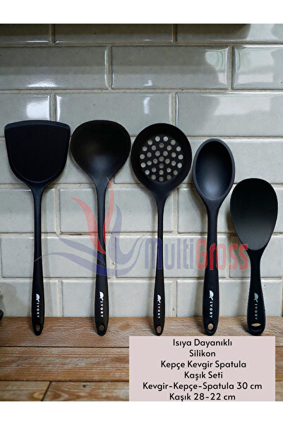 Multiamo Black Silicone Colander Set - Hard Tip and Heat Resistant, 5 Pieces