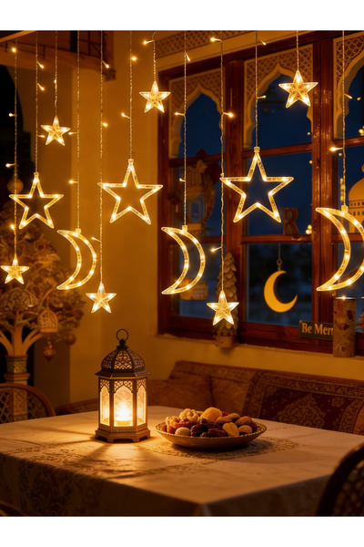 Yoawllty زينة رمضانية للمنزل، 138 مصباح LED ملون على شكل هلال ونجمة، للزينة ا...