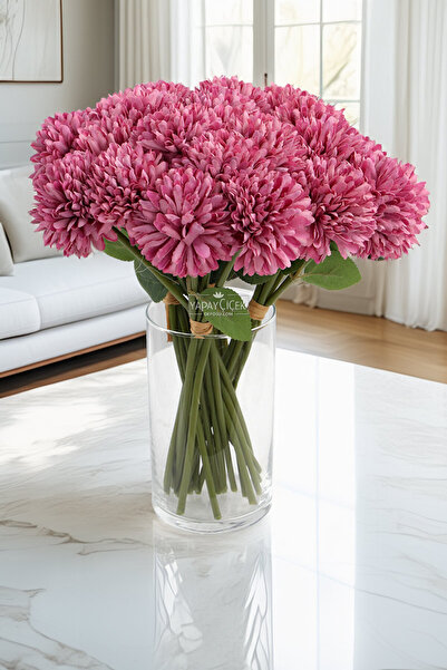 Yapay Çiçek Deposu Yapay Çiçek Top Krizantem 7li Mini Kartopu Demeti 30 cm Fuşya