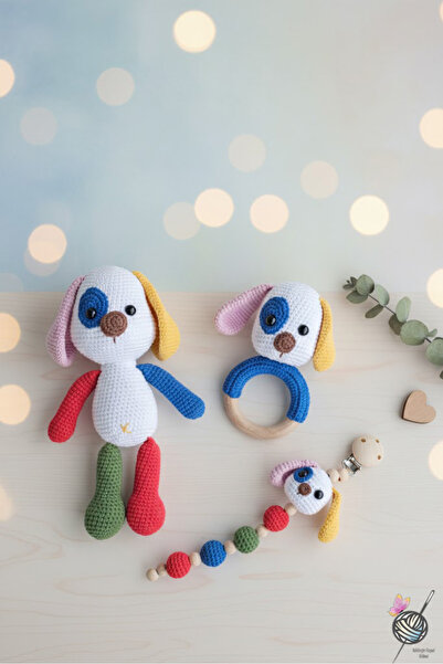 kelebeginruyasihobievi Amigurumi Yenidoğan Uyku Arkadaşı Renkli Köpek, Çıngır...