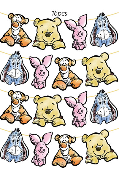 Miniso 16 قطعة / 8 قطع / 16 قطعة من لوازم حفلات ديزني ويني ذا بوه، لافتة عيد ...