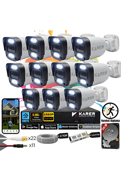 KARER Exitcam-11'li AHD Güvenlik Kamera Seti-Gece Renkli-6 WARMLED'li- Su Geç...