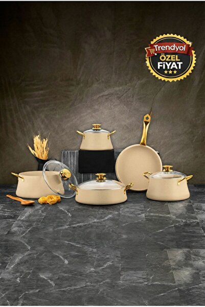 ÖZLİFE LOTUS 9 Piece Cookware Set Cream