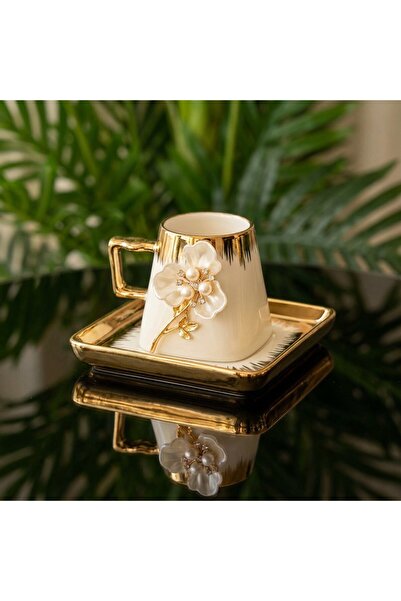 Elta Collection Special Handmade Set of 6 Porcelain Gold Coffee Cups with Pea...