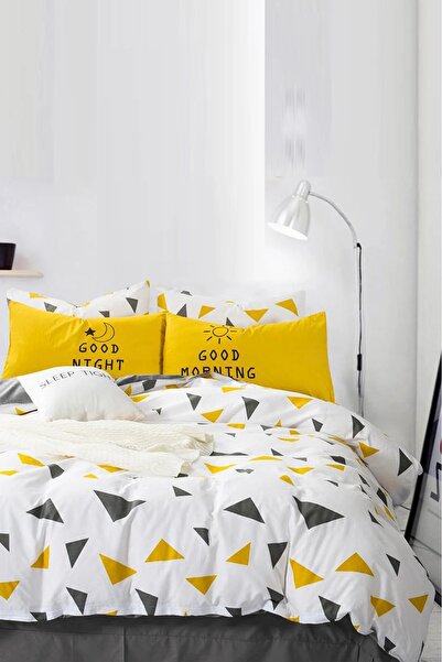 Always Double-Sided Double Bed Duvet Cover Set with Elastic Sheet Yellow Tria...